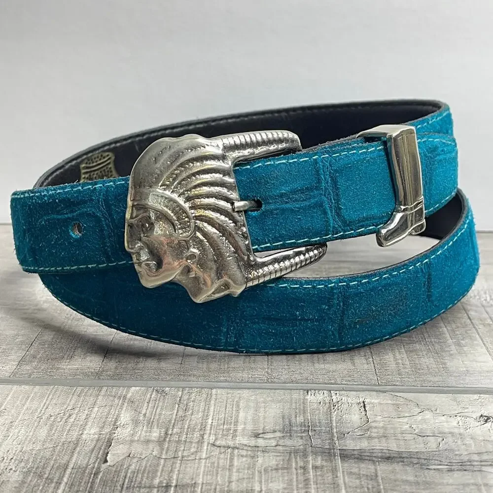 Vintage Native American Indian Head Silver Buckle Teal Calfskin Leather Belt S